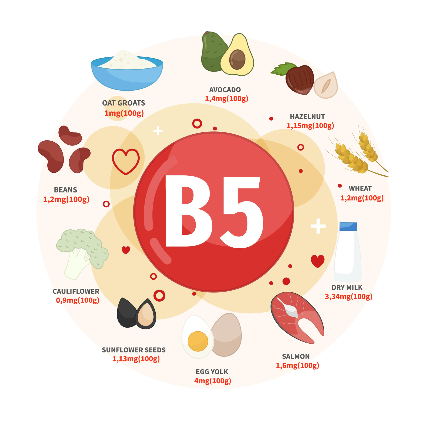 De beste kildene til vitamin B5 er avokado, hasselnøtter, hvete, melk, laks, egg, solsikkefrø, blomkål, bønner og havregryn. 